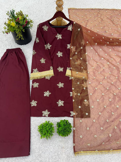 Party Wear Maroon Color Natural Crepe Silk Beautiful Patiyala Salwar Suit
