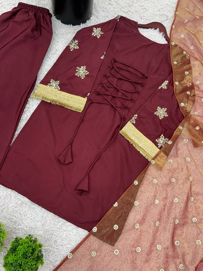 Party Wear Maroon Color Natural Crepe Silk Beautiful Patiyala Salwar Suit