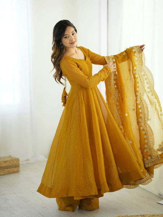 Designer Yellow Color Heavy Fandy Silk Haldi Wear Gown