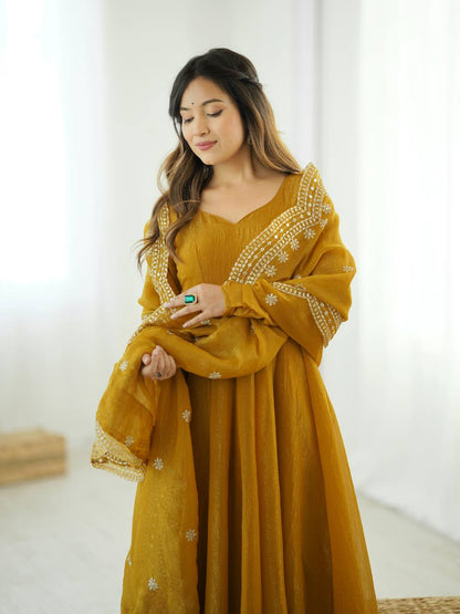 Designer Yellow Color Heavy Fandy Silk Haldi Wear Gown