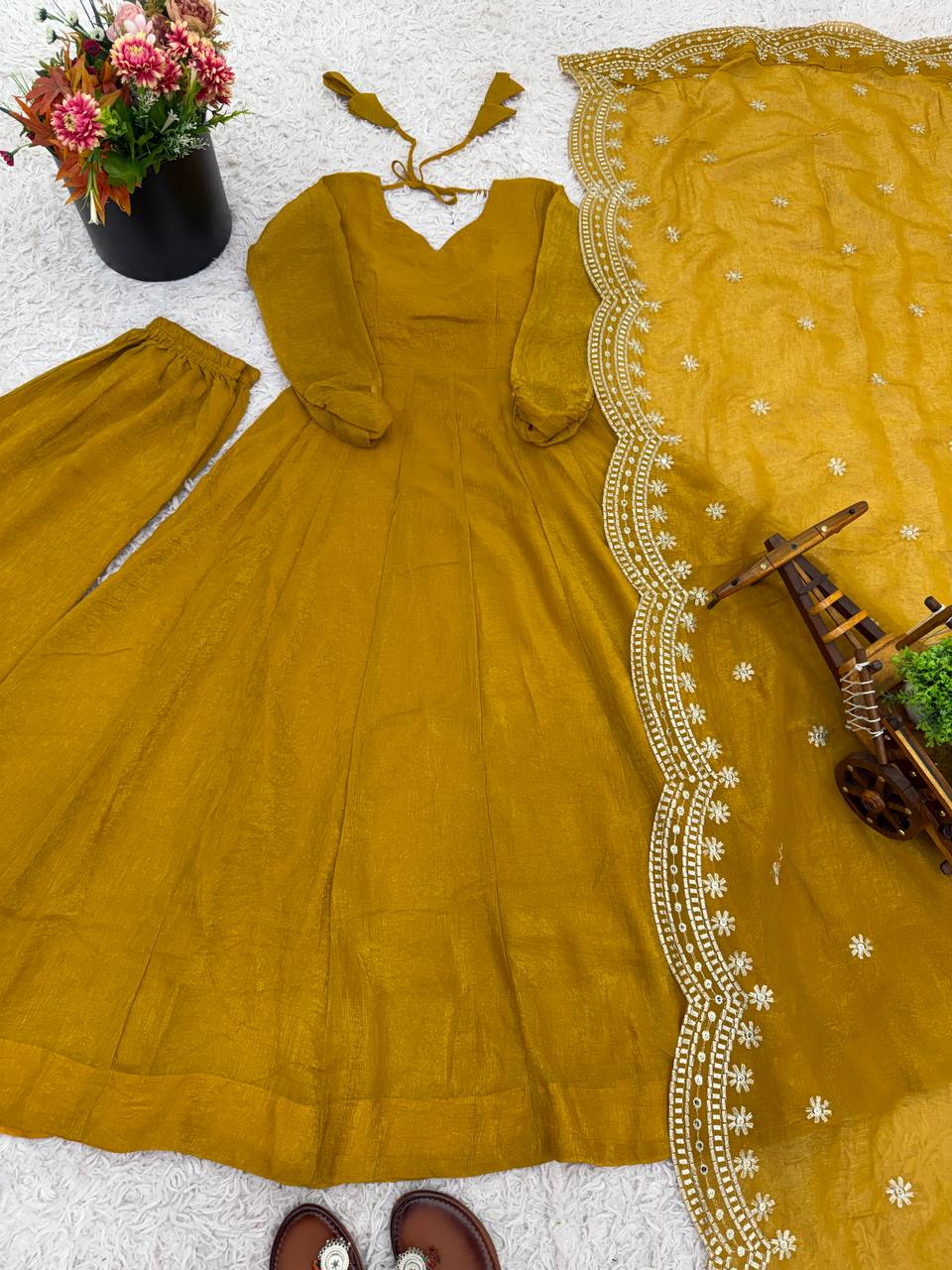 Designer Yellow Color Heavy Fandy Silk Haldi Wear Gown