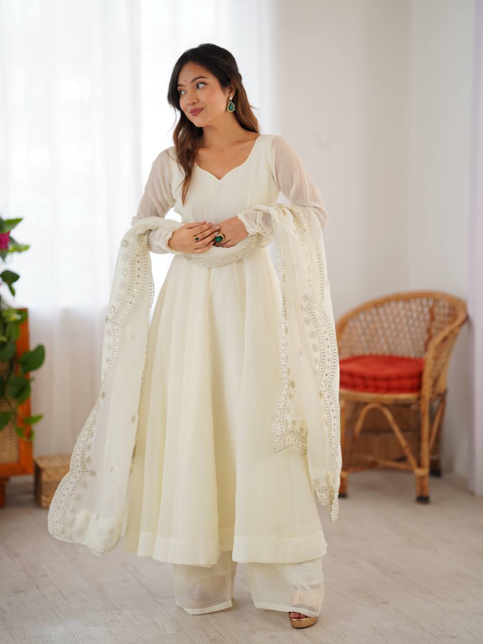 Designer Off White Color Heavy Fandy Silk Function Wear Gown