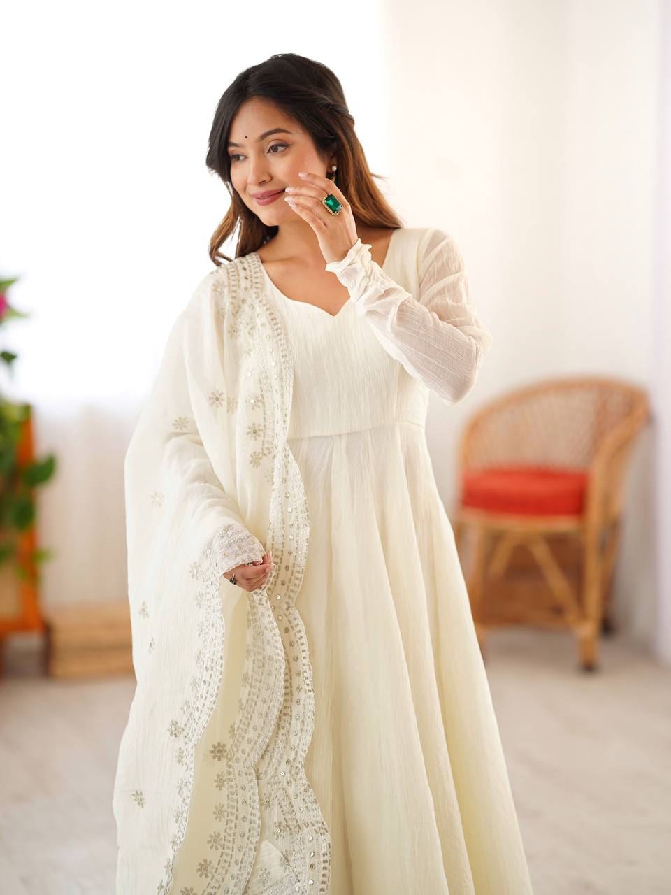 Designer Off White Color Heavy Fandy Silk Function Wear Gown