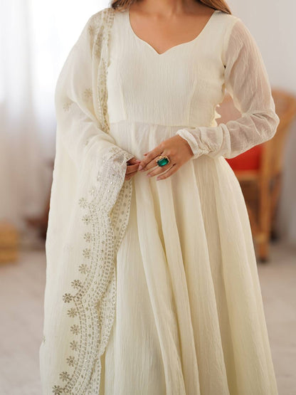 Designer Off White Color Heavy Fandy Silk Function Wear Gown