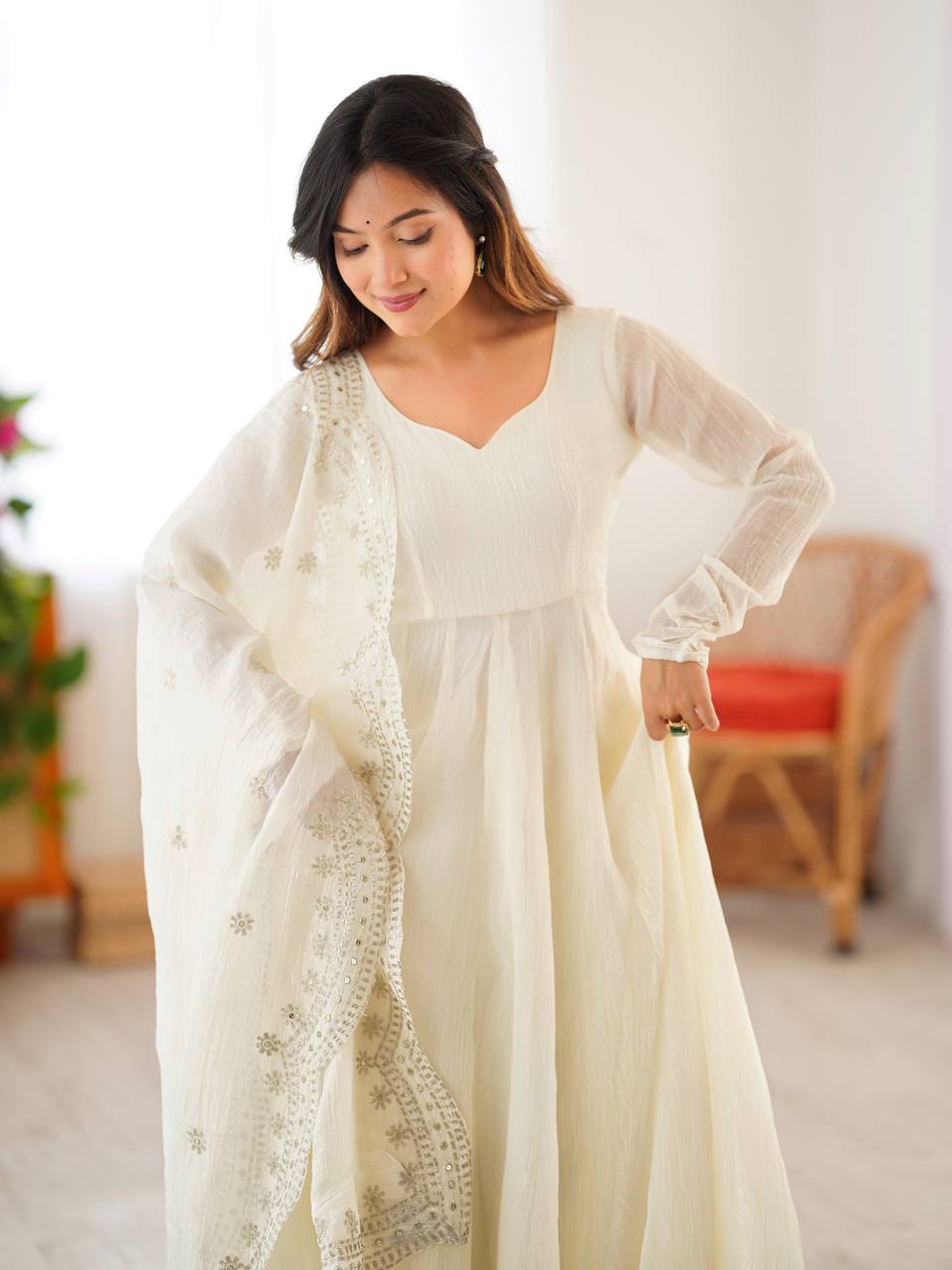 Designer Off White Color Heavy Fandy Silk Function Wear Gown