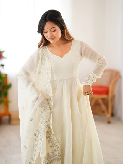 Designer Off White Color Heavy Fandy Silk Function Wear Gown
