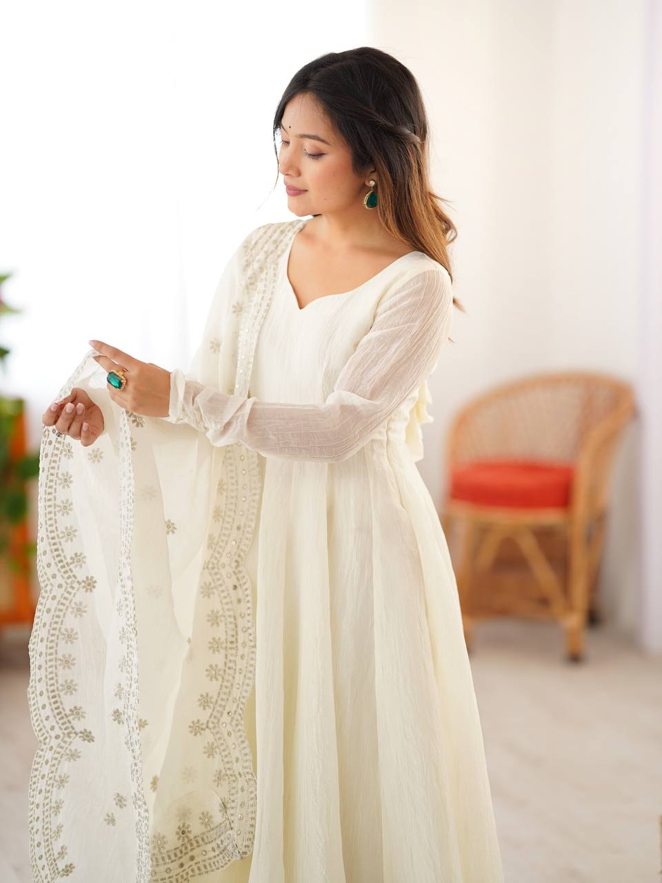 Designer Off White Color Heavy Fandy Silk Function Wear Gown