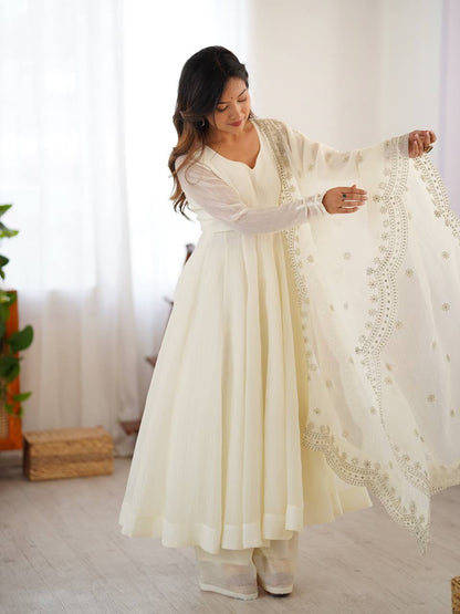 Designer Off White Color Heavy Fandy Silk Function Wear Gown