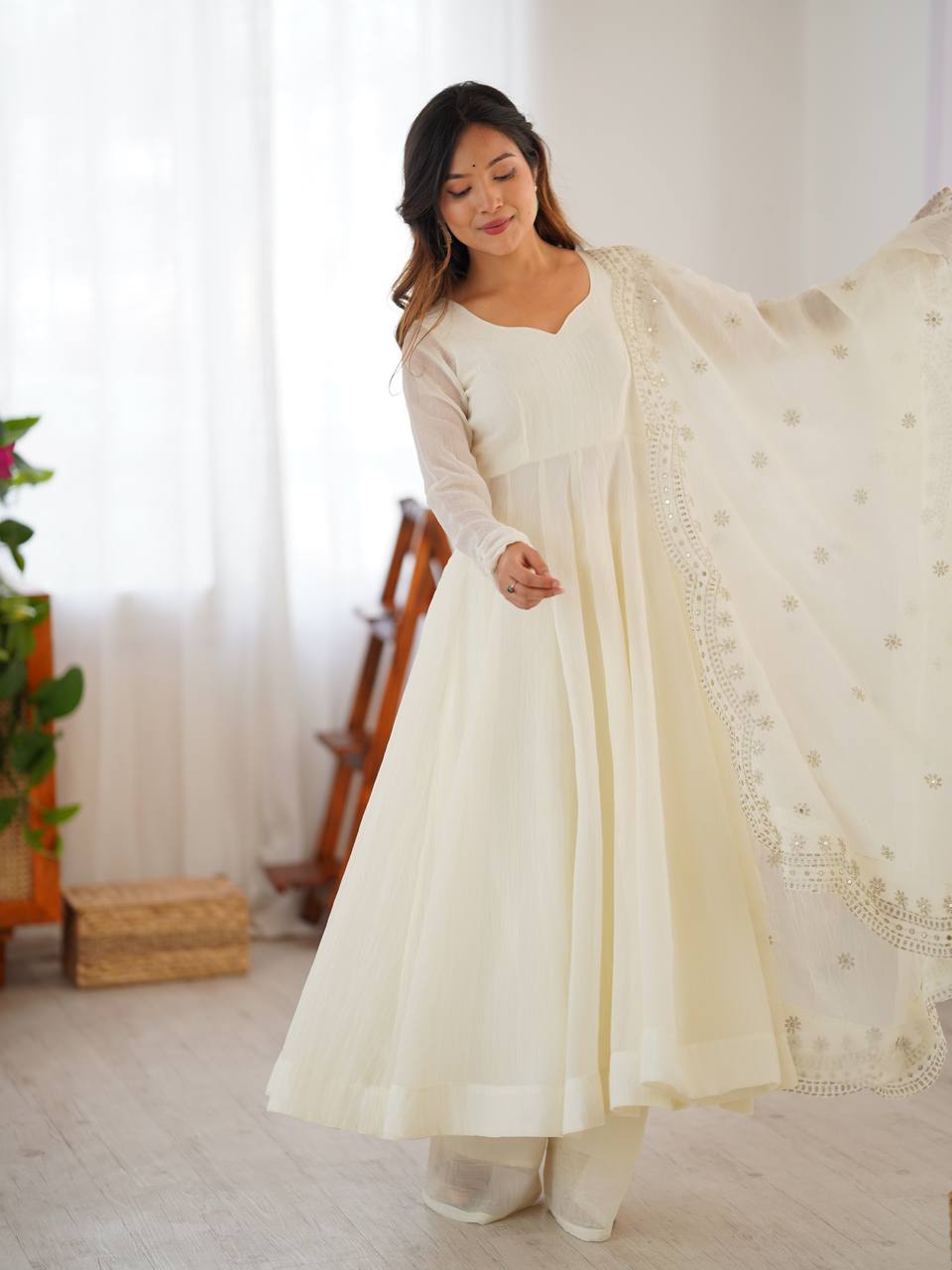 Designer Off White Color Heavy Fandy Silk Function Wear Gown