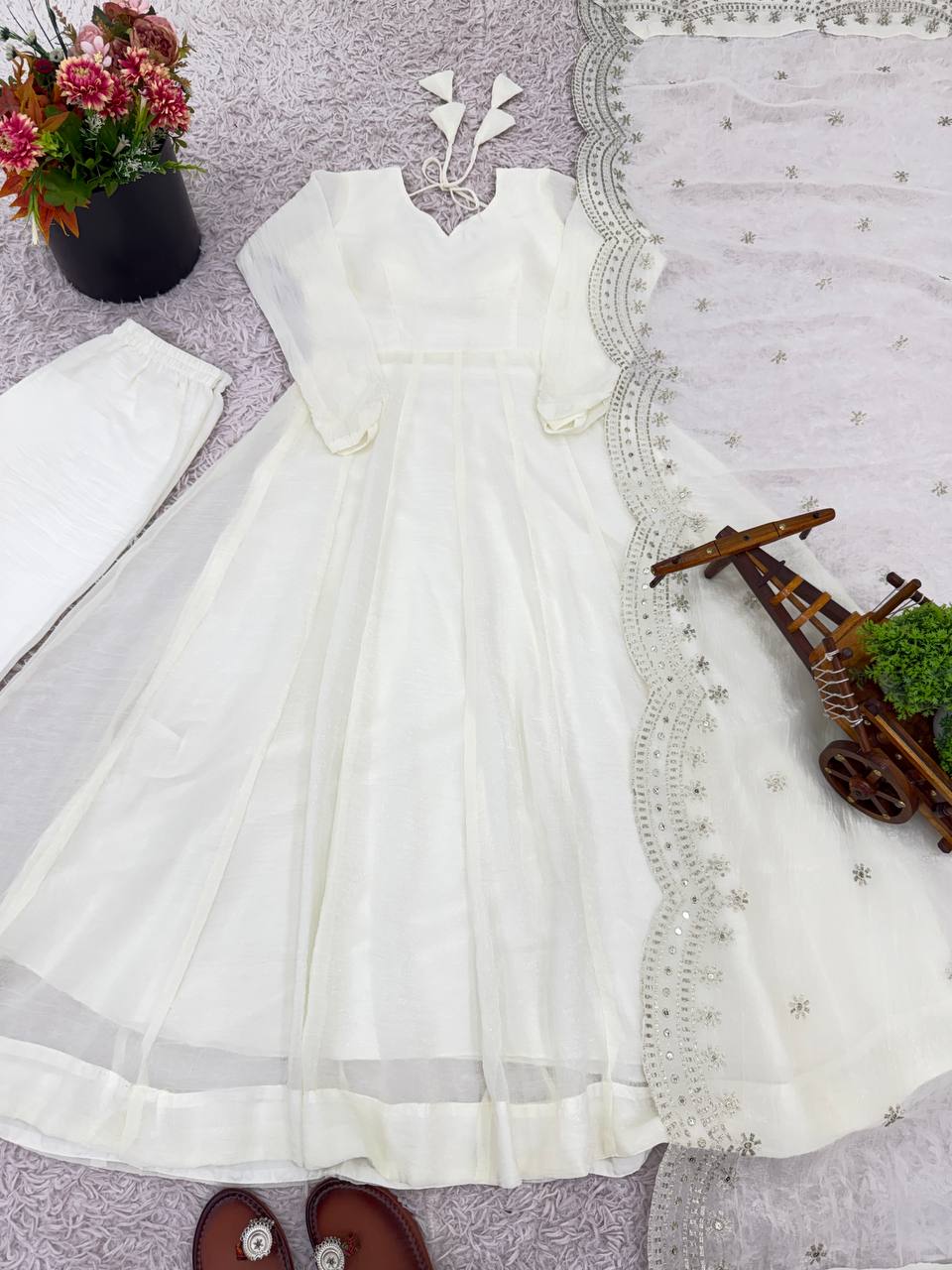 Designer Off White Color Heavy Fandy Silk Function Wear Gown
