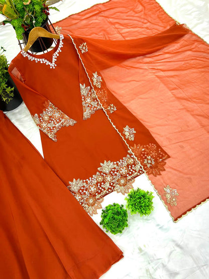 Engagement Wear Orange Color Pure Chinon Silk With Heavy Embroidery Coding Dori Sequence Work