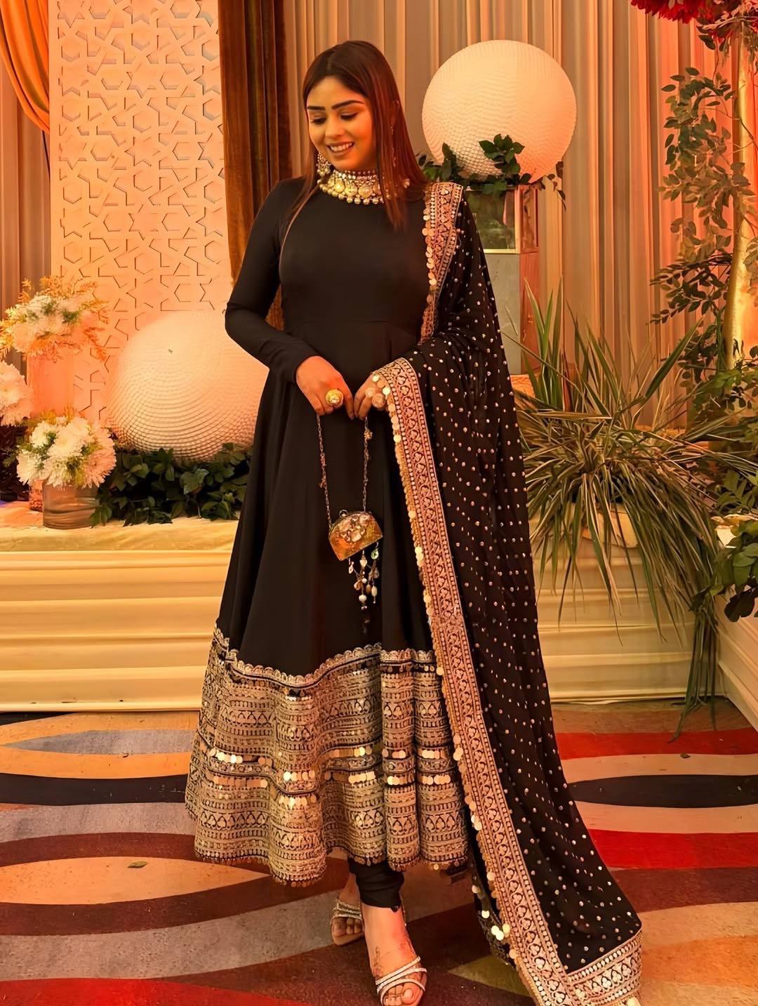 Designer Black Color Pure SIlk Embroidered Full Flair Anarkali Suit