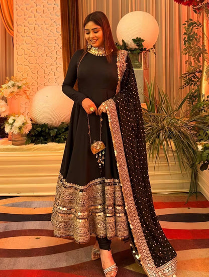 Designer Black Color Pure SIlk Embroidered Full Flair Anarkali Suit
