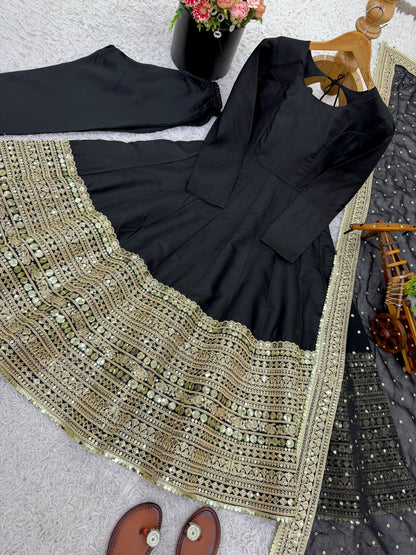 Designer Black Color Pure SIlk Embroidered Full Flair Anarkali Suit