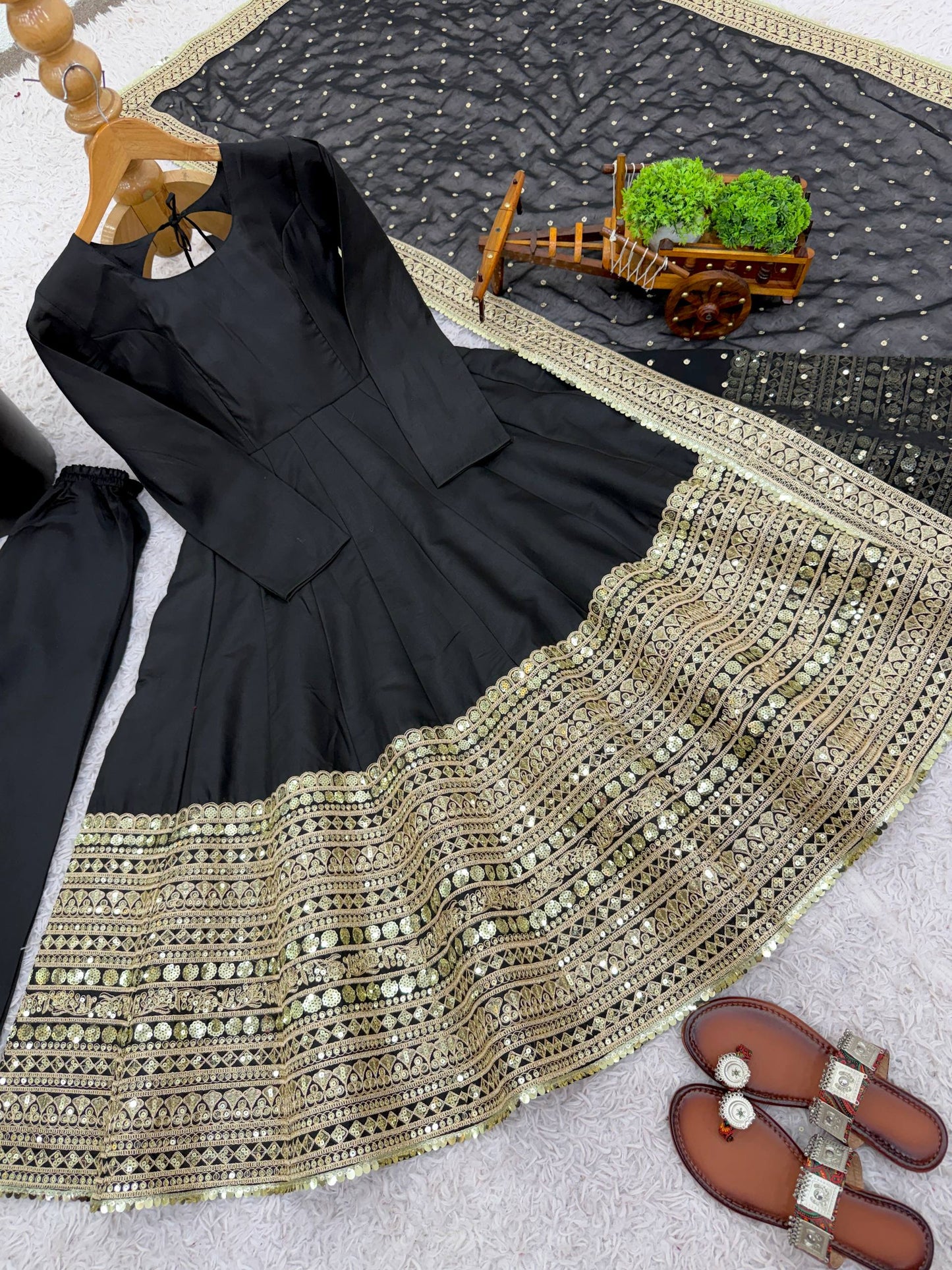 Designer Black Color Pure SIlk Embroidered Full Flair Anarkali Suit