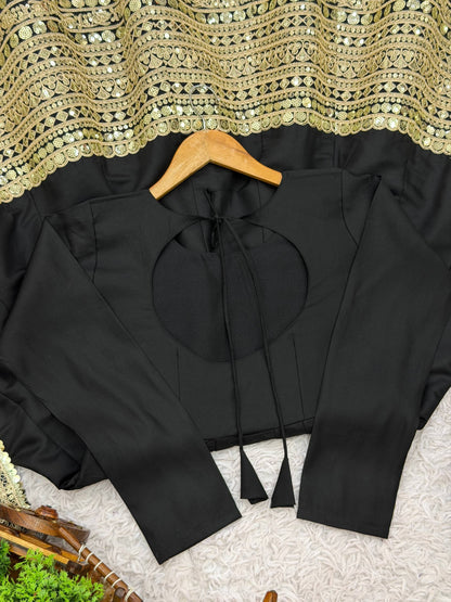 Designer Black Color Pure SIlk Embroidered Full Flair Anarkali Suit