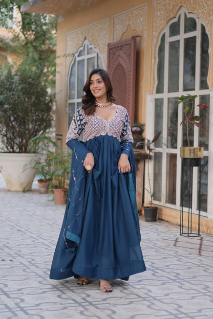 Captivating Teal Blue Color Star Georgette With Embroidery Beads Sequins Work Designer Gown