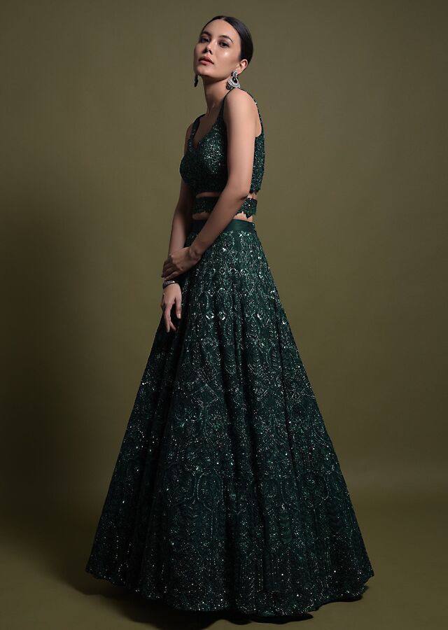 Wedding Wear Green Color Net Lehenga With Sequence Thread And Dori Work With Can Can And Canvas Patta Attach Designer Lehenga Choli
