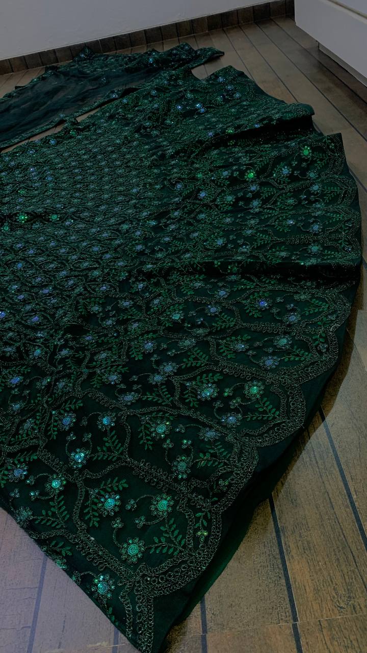Wedding Wear Green Color Net Lehenga With Sequence Thread And Dori Work With Can Can And Canvas Patta Attach Designer Lehenga Choli
