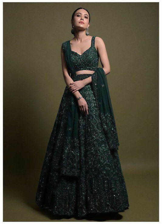 Wedding Wear Green Color Net Lehenga With Sequence Thread And Dori Work With Can Can And Canvas Patta Attach Designer Lehenga Choli
