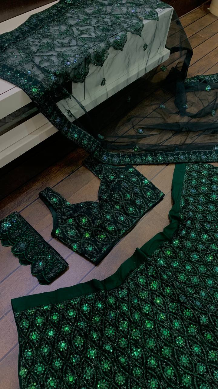 Wedding Wear Green Color Net Lehenga With Sequence Thread And Dori Work With Can Can And Canvas Patta Attach Designer Lehenga Choli