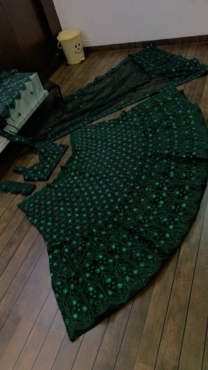 Wedding Wear Green Color Net Lehenga With Sequence Thread And Dori Work With Can Can And Canvas Patta Attach Designer Lehenga Choli