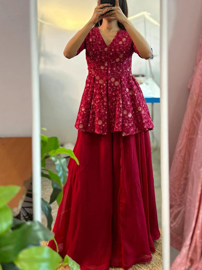 Rose Pink Color Blazer Style Embroidery Sequins Work Top Of Georgette Fully Stitched Palazzo Suit