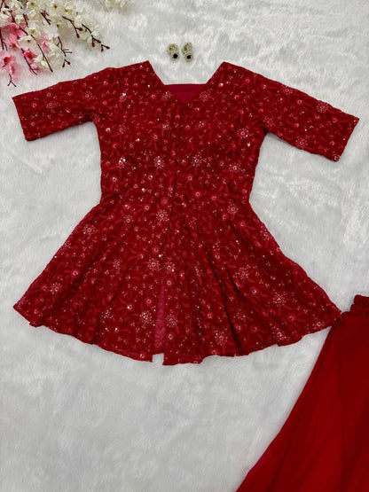 Rose Pink Color Blazer Style Embroidery Sequins Work Top Of Georgette Fully Stitched Palazzo Suit