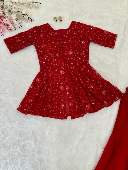 Rose Pink Color Blazer Style Embroidery Sequins Work Top Of Georgette Fully Stitched Palazzo Suit