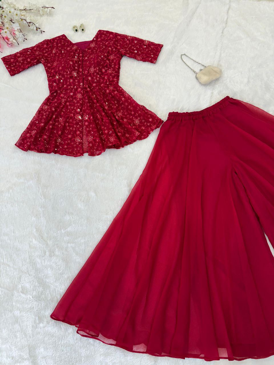 Rose Pink Color Blazer Style Embroidery Sequins Work Top Of Georgette Fully Stitched Palazzo Suit