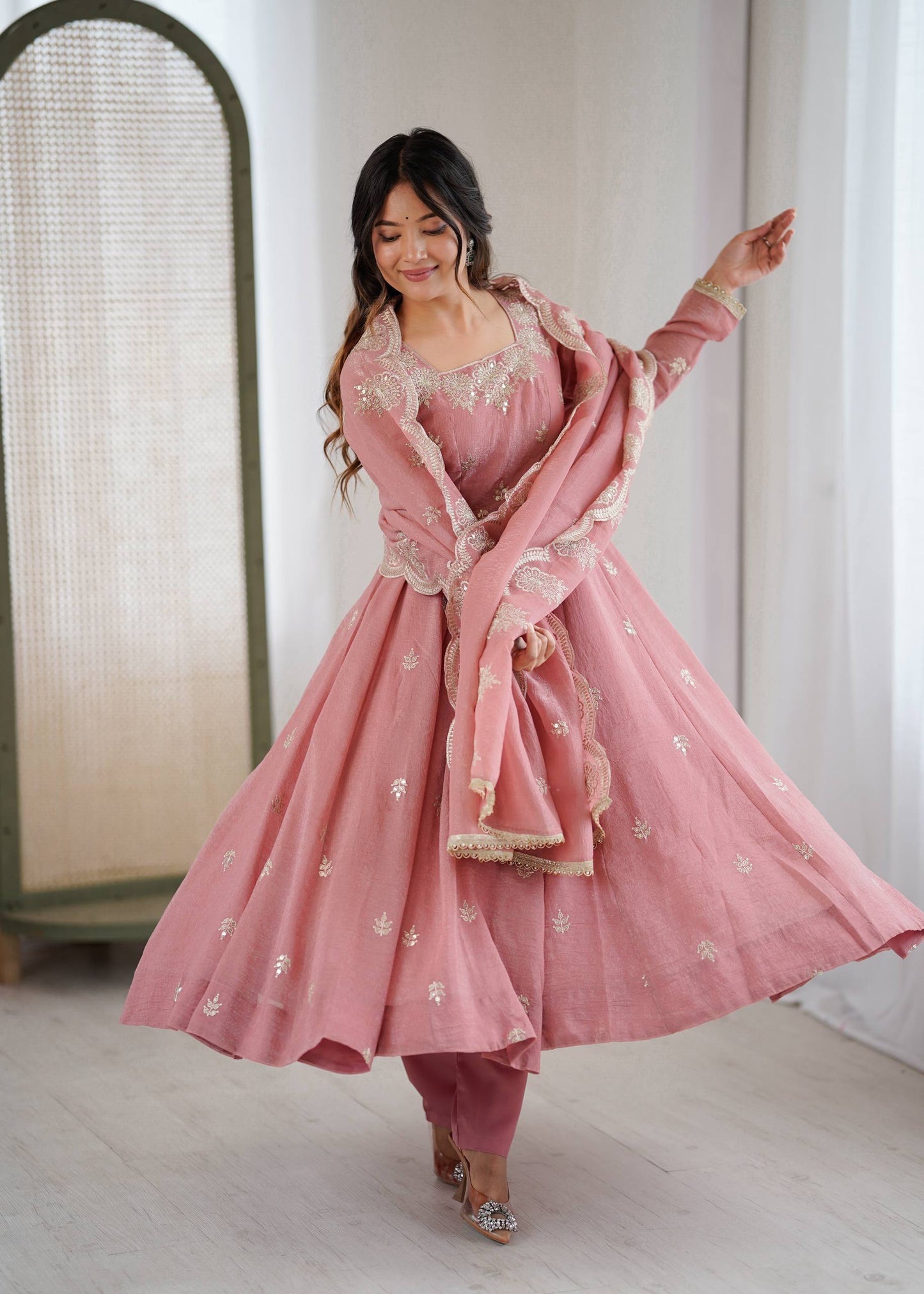 Neha's Wear Peach Color Crunchy Silk Sequence Anarkali Suit Set