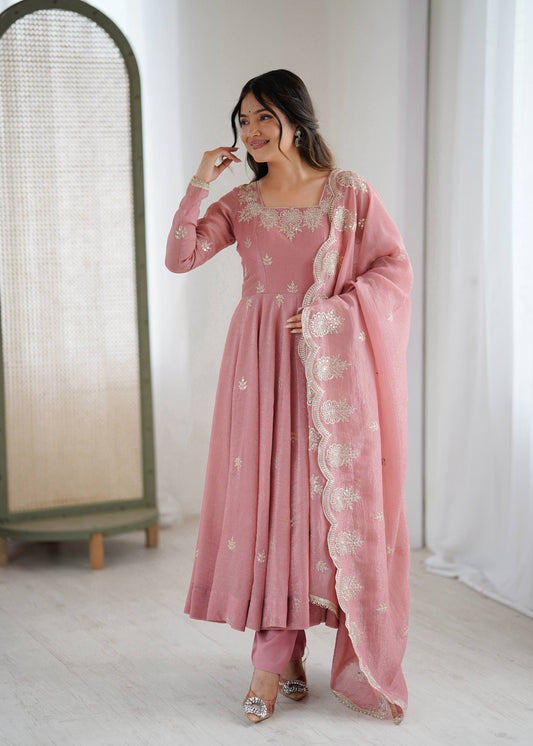 Neha's Wear Peach Color Crunchy Silk Sequence Anarkali Suit Set