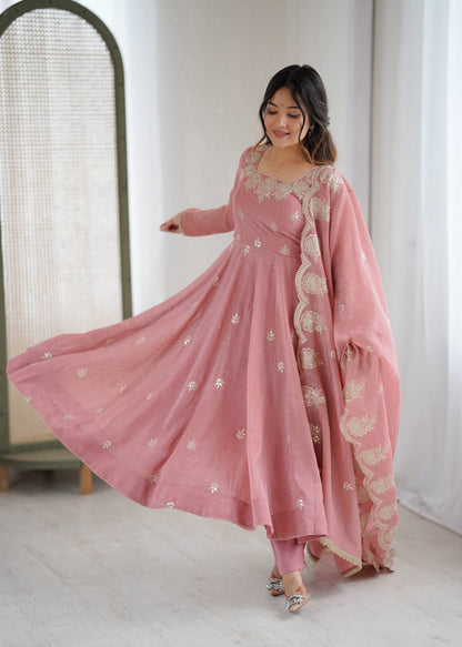 Neha's Wear Peach Color Crunchy Silk Sequence Anarkali Suit Set
