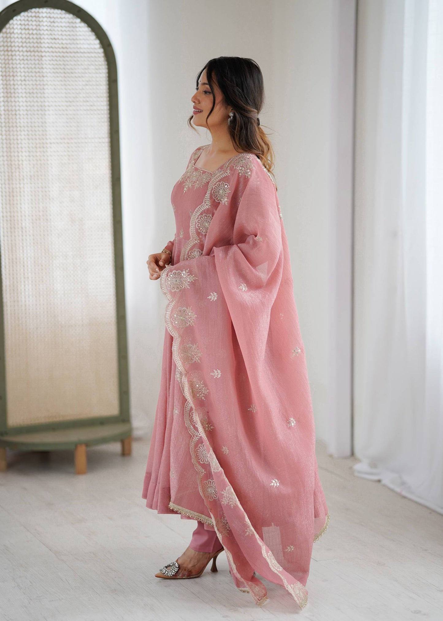 Neha's Wear Peach Color Crunchy Silk Sequence Anarkali Suit Set