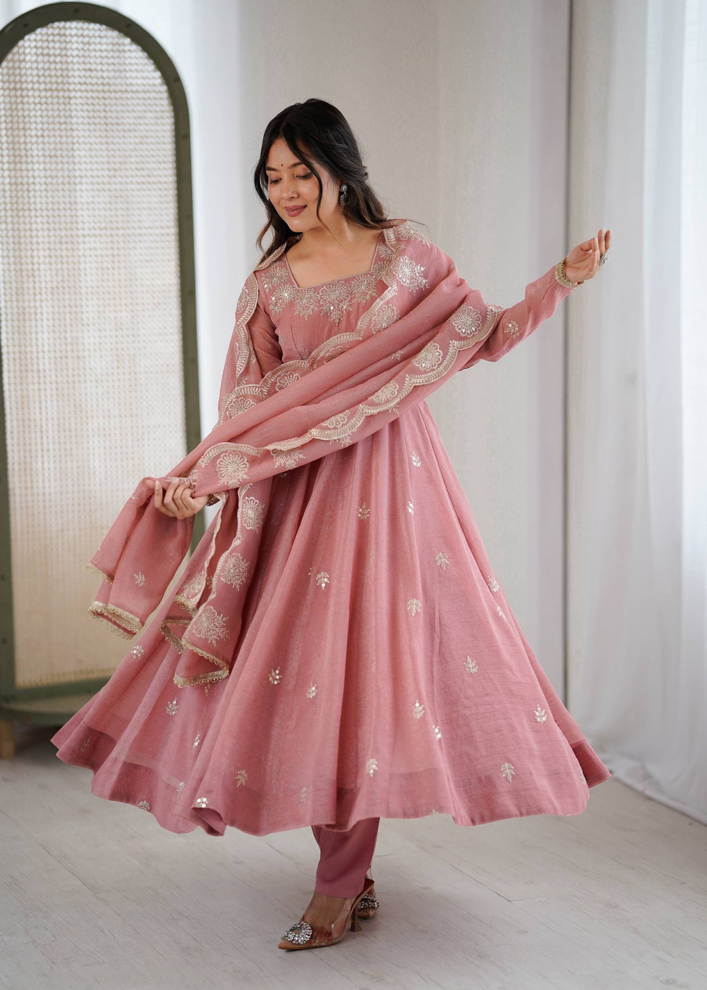 Neha's Wear Peach Color Crunchy Silk Sequence Anarkali Suit Set