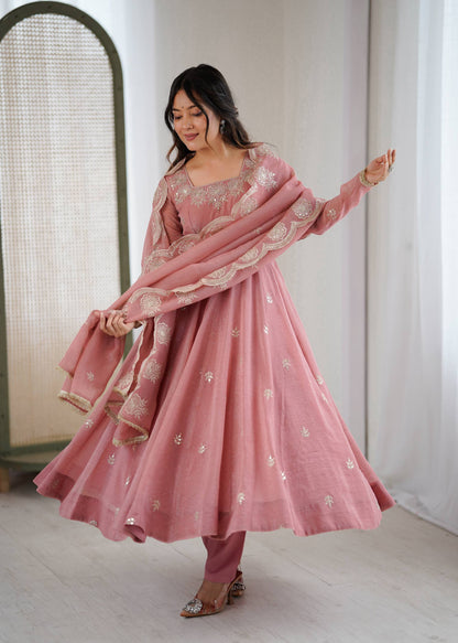 Neha's Wear Peach Color Crunchy Silk Sequence Anarkali Suit Set