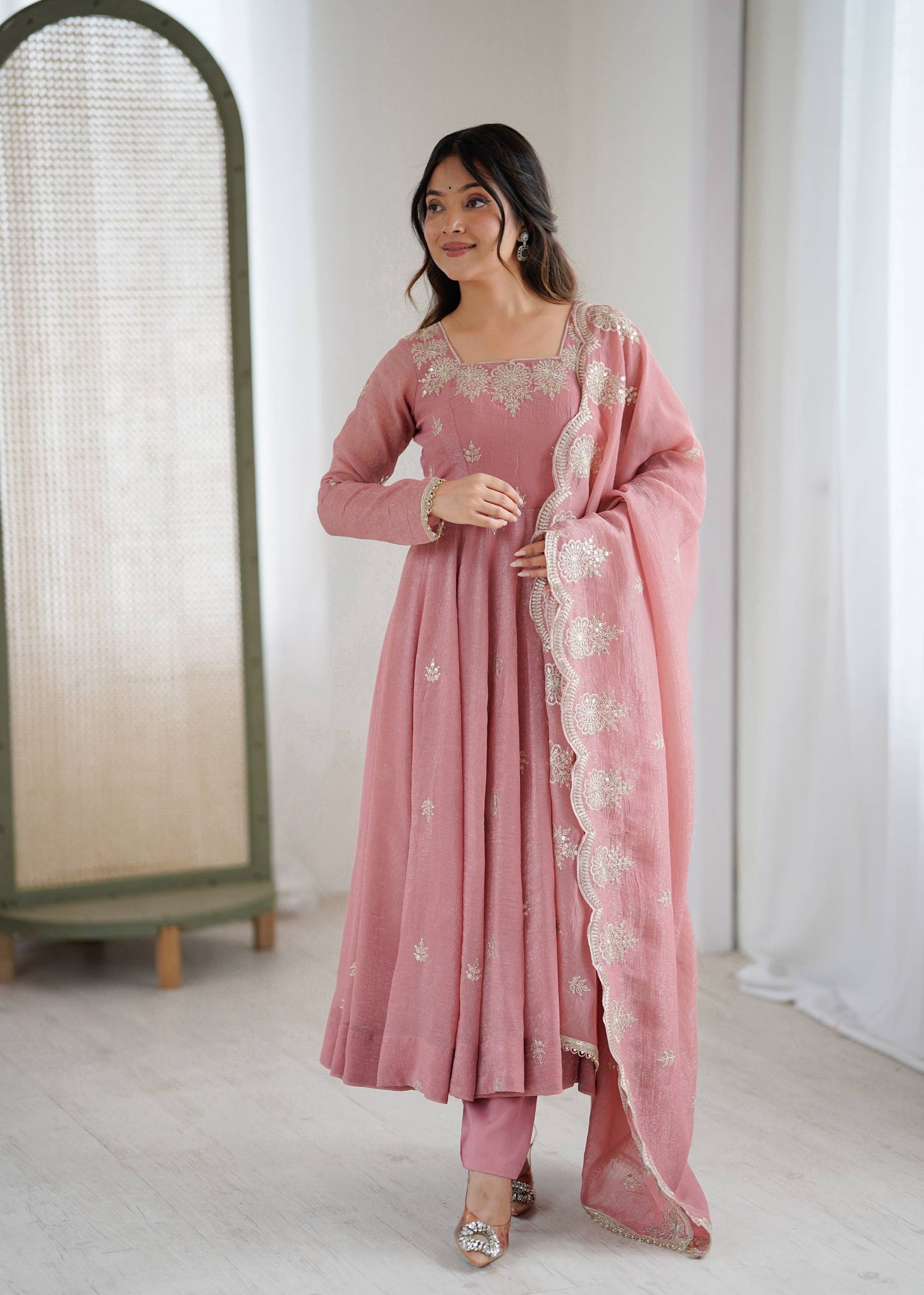 Neha's Wear Peach Color Crunchy Silk Sequence Anarkali Suit Set