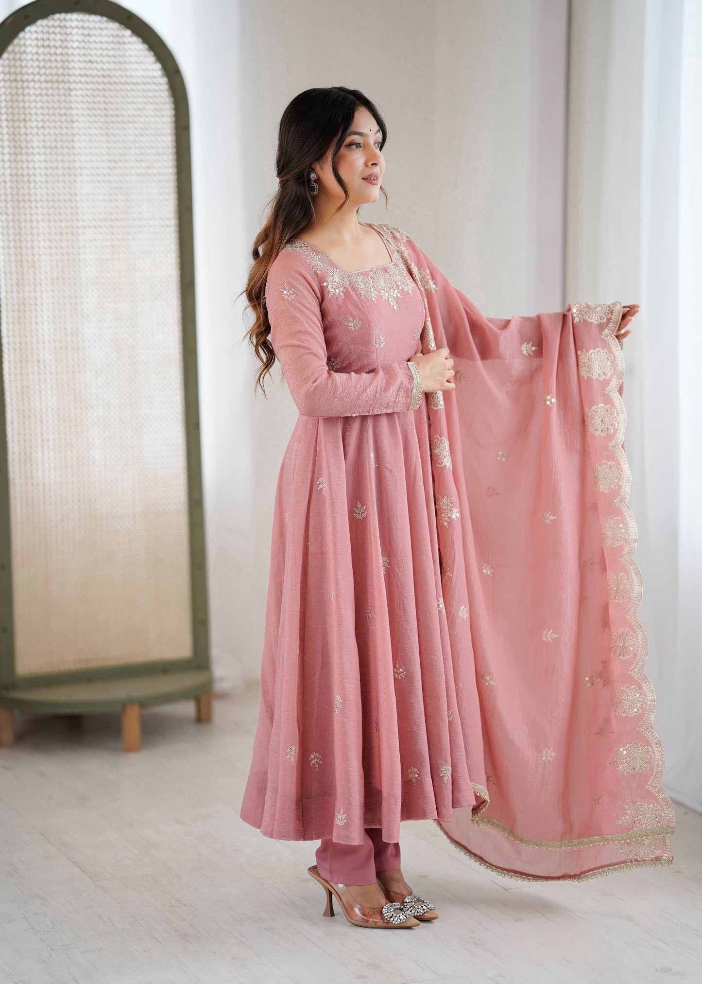 Neha's Wear Peach Color Crunchy Silk Sequence Anarkali Suit Set
