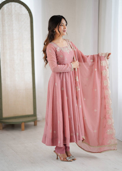 Neha's Wear Peach Color Crunchy Silk Sequence Anarkali Suit Set