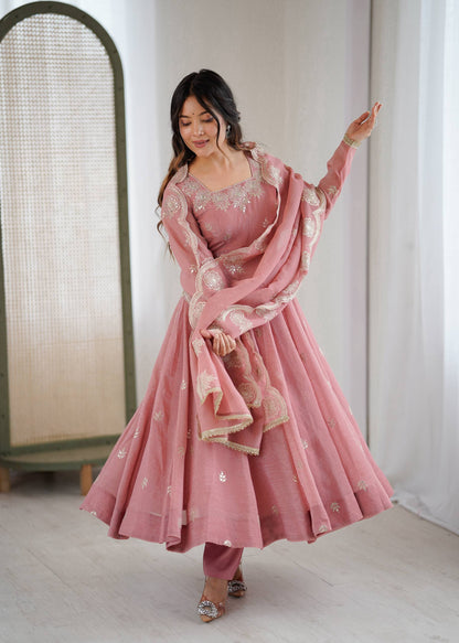 Neha's Wear Peach Color Crunchy Silk Sequence Anarkali Suit Set