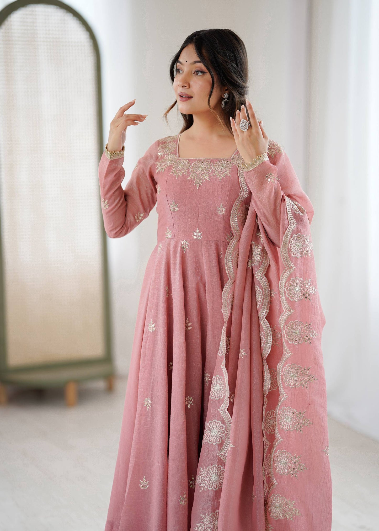 Neha's Wear Peach Color Crunchy Silk Sequence Anarkali Suit Set