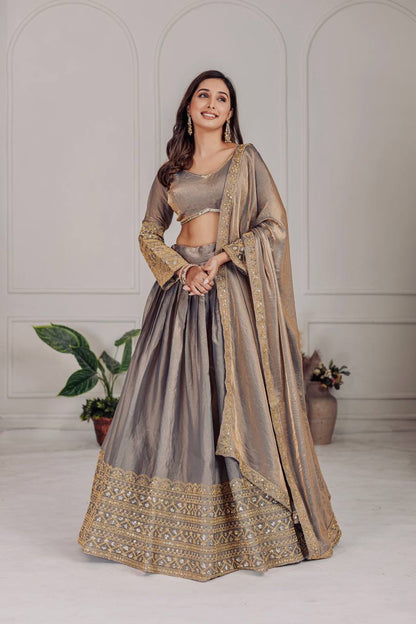 Party Wear Grey Color Heavy Fendi And Embroidery Coding Sequence Work Lehenga Choli