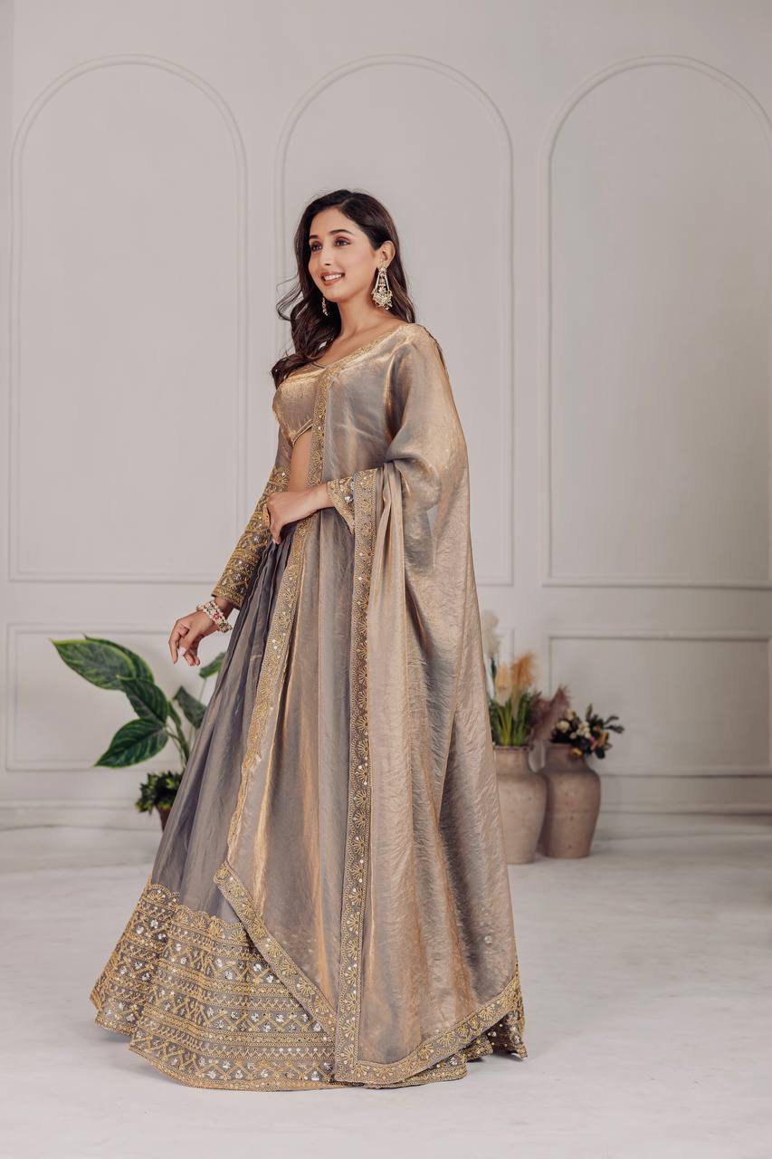 Party Wear Grey Color Heavy Fendi And Embroidery Coding Sequence Work Lehenga Choli