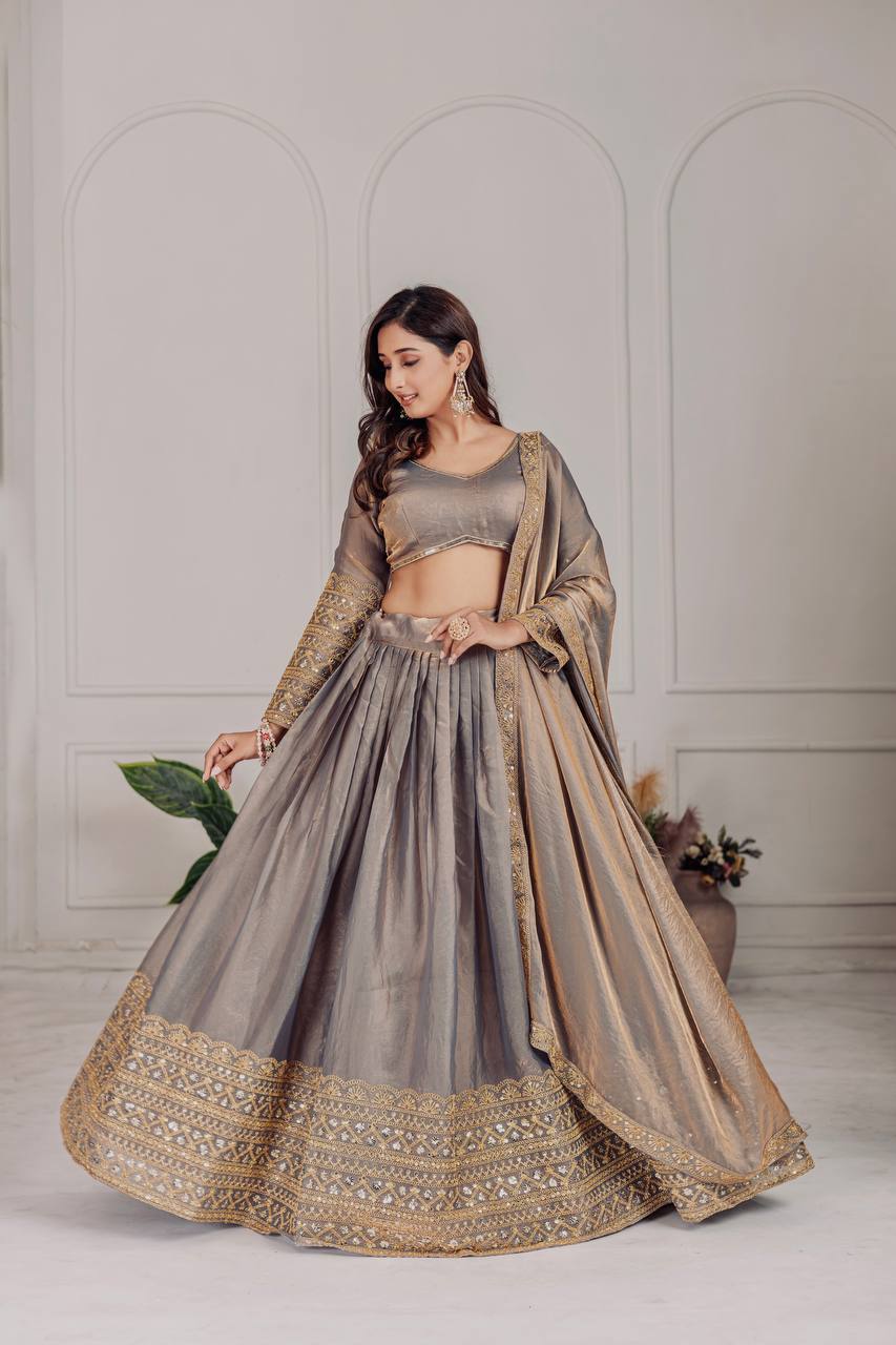 Party Wear Grey Color Heavy Fendi And Embroidery Coding Sequence Work Lehenga Choli