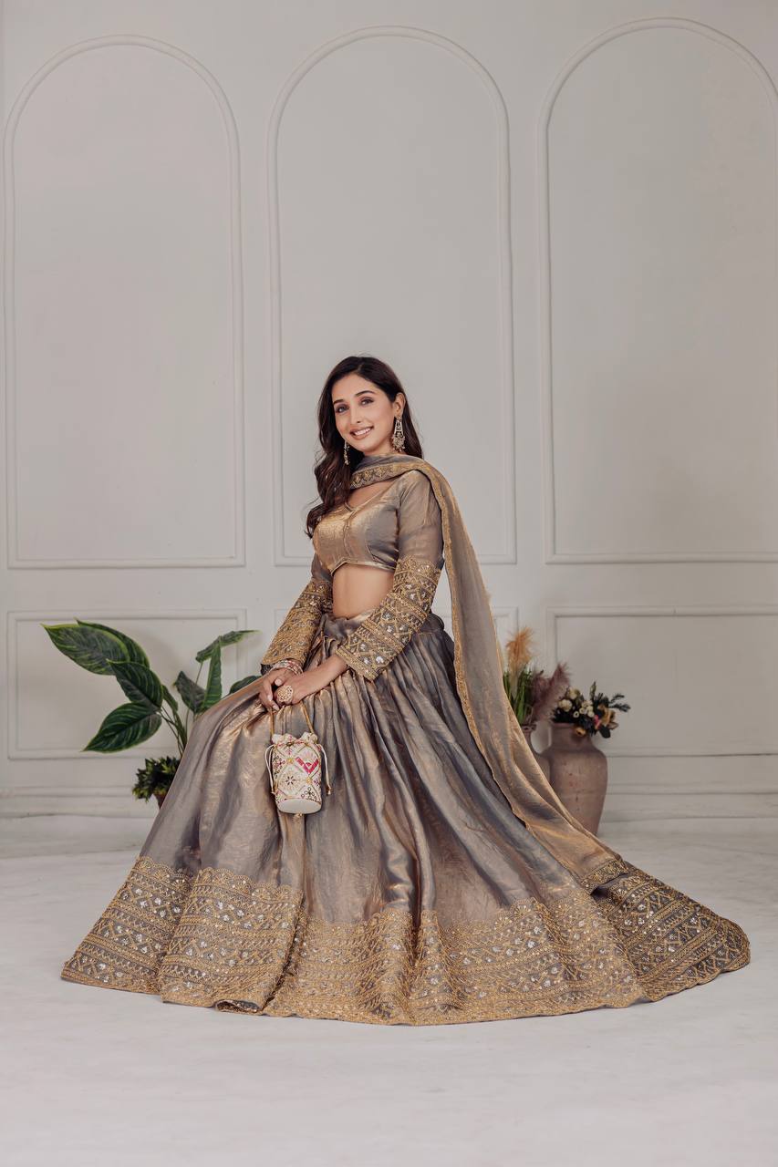 Party Wear Grey Color Heavy Fendi And Embroidery Coding Sequence Work Lehenga Choli