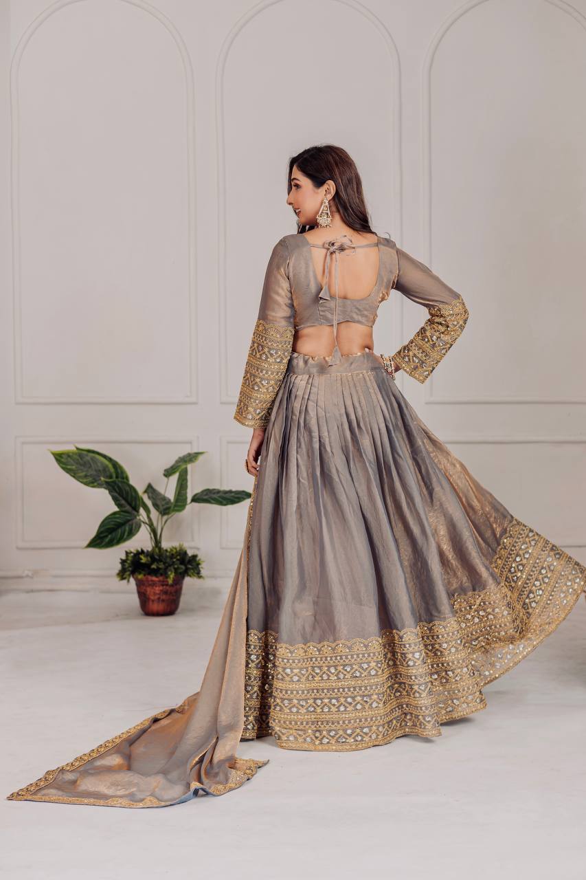 Party Wear Grey Color Heavy Fendi And Embroidery Coding Sequence Work Lehenga Choli