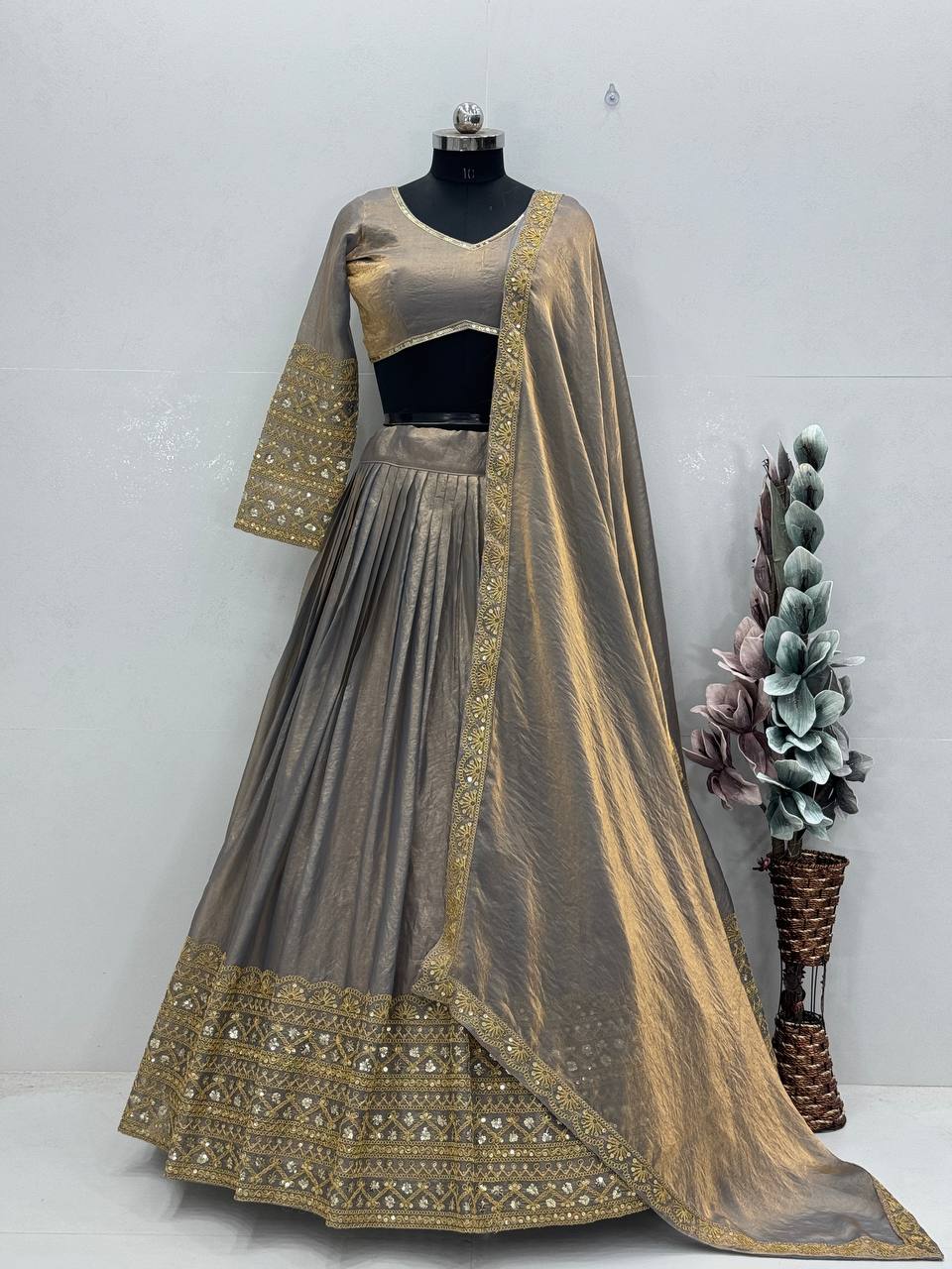 Party Wear Grey Color Heavy Fendi And Embroidery Coding Sequence Work Lehenga Choli