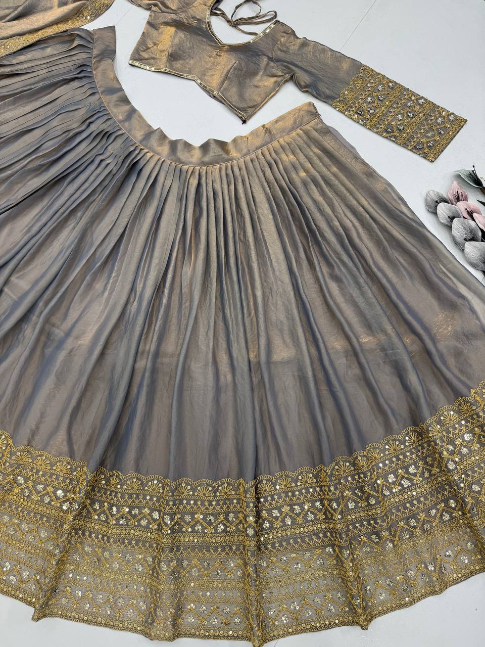Party Wear Grey Color Heavy Fendi And Embroidery Coding Sequence Work Lehenga Choli