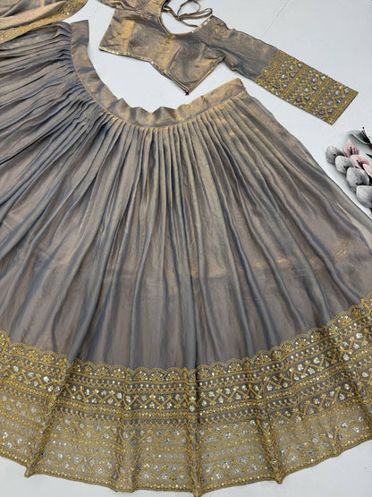 Party Wear Grey Color Heavy Fendi And Embroidery Coding Sequence Work Lehenga Choli