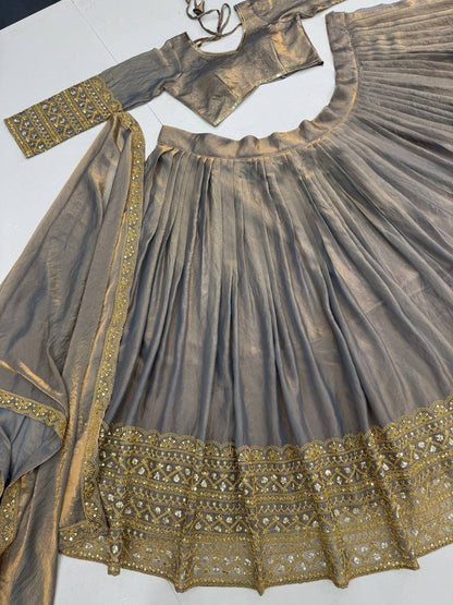 Party Wear Grey Color Heavy Fendi And Embroidery Coding Sequence Work Lehenga Choli